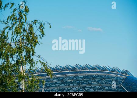 Räuberische Borsten Kuppeldach in Zaryadye Park. Landschaftspanorama mit grünen Birken im Vordergrund Stockfoto