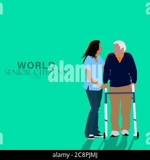 Vektor-Illustration des Welttages der Senioren, der am 21. august beobachtet wird. Ältere Menschen gehen, sitzen und lachen, Spaß haben. Stock Vektor