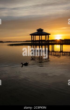 Sonnenaufgang über einem Pavillon an einem kleinen See in einer zentralen Florida Altersgruppe Stockfoto