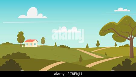 Ländliche Landschaft mit sonnigen Sommertag im Dorf. Schöne Sommerfelder Landschaft mit grünen Hügeln, helle Farbe blauen Himmel und Haus. Land-BAC Stock Vektor