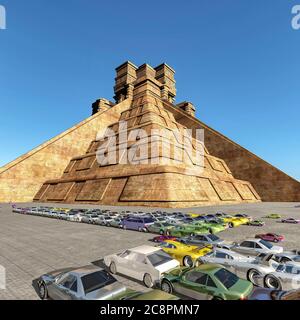Maya-Pyramide von einem riesigen Parkplatz mit Autos 3d-Rendering gefüllt umgeben Stockfoto