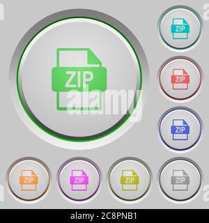 Satz von Farb-ZIP-Dateiformat versenkt Drucktasten. Stock Vektor