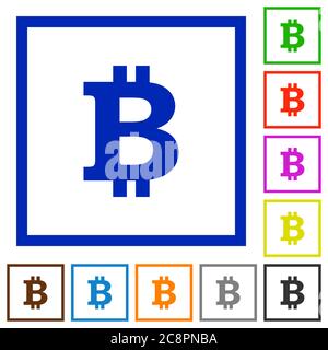 Set von Farbe Quadrat gerahmte Bitcoin Zeichen flache Symbole auf weißem Hintergrund Stock Vektor