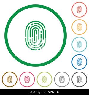Satz von Fingerabdruck-Farbe rund umrissene flache Symbole auf weißem Hintergrund Stock Vektor