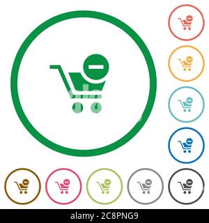 Set von aus dem Warenkorb entfernen Farbe rund umrissen flache Symbole auf weißem Hintergrund Stock Vektor