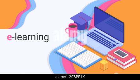 E-Learning Illustration mit Laptop und Buch, farbenfroher Hintergrund, Vektor Stock Vektor