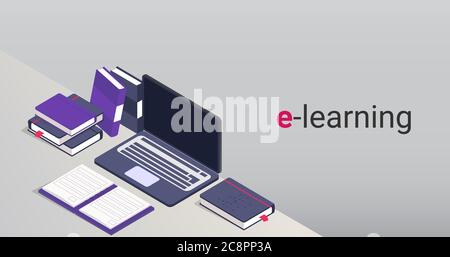 Illustration des Studentententetisches mit Laptop und Büchern, grauer Hintergrund Stock Vektor