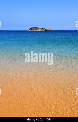 Portugal, Algarve, Sagres, wunderschöner türkisfarbener Atlantik mit kristallklarem Wasser, der auf einen einsamen Martinhal Strand mit pudrigen Sand abspült. Stockfoto