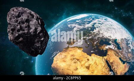 Riesiger Asteroid, der in der Nähe von Planet Erde Landschaft oder Raumflucht kreuzt. 3D-Darstellung der Weltraumlandschaft und Astronomie. Erdstrukturen sorgen für Stockfoto