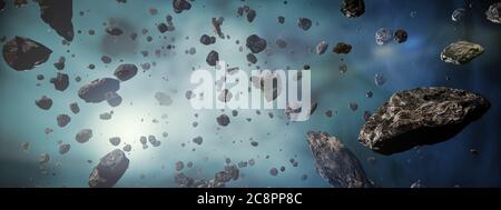 Asteroidenfeld in einer nebligen Atmosphäre Panoramalandschaft. Außenraum Landschaft oder Spacescape 3D Rendering Illustration. Stockfoto