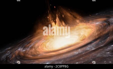 Quasar oder schwarzes Loch mit Akkretionsscheibe und Gaswolken 3D-Rendering-Illustration. Weltraum oder Raumflucht Konzept. Künstlerische Vision. Stockfoto