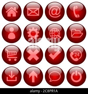 Basis-Web-Icon-Set in runden, glänzend roten Knöpfen Stock Vektor