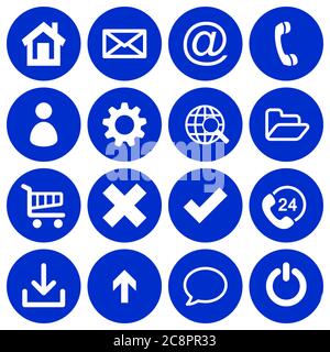 Set mit 16 einfachen flachen Symbolen auf dunkelblauem, rundem Hintergrund Stock Vektor