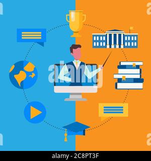 Lehrer Lehre Durch Computerbildschirm Über Orange Und Blauer Hintergrund Stock Vektor