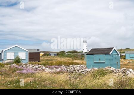 Strandhütten in Portland Bill in Dorset Stockfoto