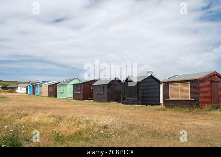 Strandhütten in Portland Bill in Dorset Stockfoto