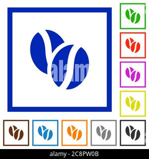 Set von Farbe quadratischen gerahmten Kaffeebohnen flache Symbole Stock Vektor
