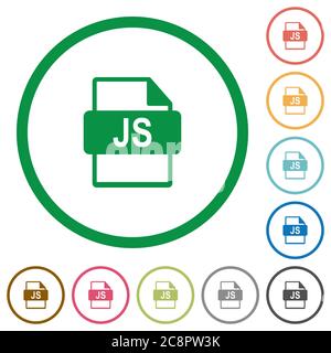 Satz von JS-Dateiformat Farbe rund umrandeten flachen Symbolen auf weißem Hintergrund Stock Vektor