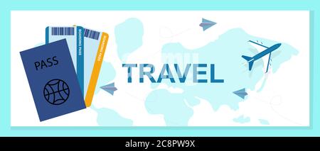 Flugreisen Illustration Mit Tickets Und Reisepass, Weißer Hintergrund, Panorama Stock Vektor