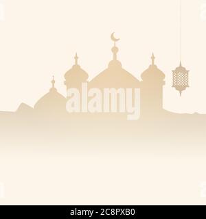 Arabische Stadt Skyline Hintergrund mit Moschee Silhouette und verzierte Laterne hängen vom Himmel. Braunes islamisches Eid Grußkartendesign mit Kopierraum. Stockfoto