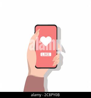 Weibliches Hand-Holding-Telefon Mit Like-Symbol, Weißer Hintergrund, Illustration Stock Vektor