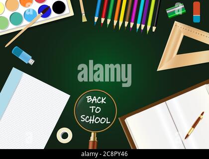 Zurück zur Schulbank mit den Schülern Ausrüstung um leeren Platz bereit für Ihren Text. Stock Vektor