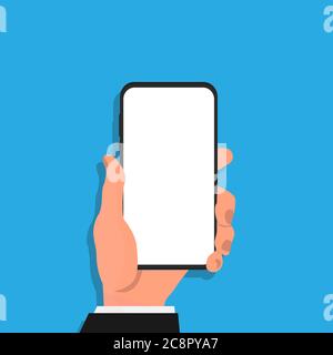 Hand Holding Phone Mit Leerem Bildschirm, Blauer Hintergrund, Vektor-Illustration Stock Vektor