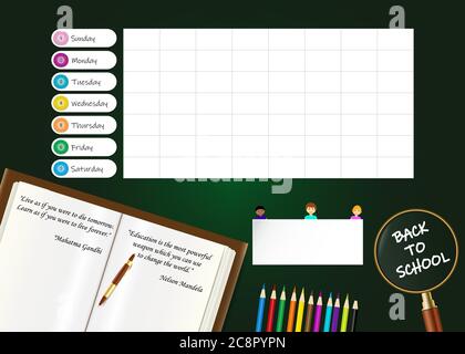 Schulwöchentplaner mit offenem Buch mit berühmten Zitaten über die Bildung von Nelson Mandela und Mahatma Gandhi. Stock Vektor