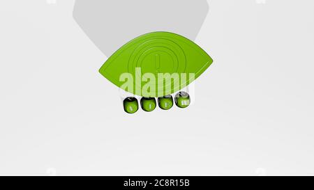 3D-Darstellung der ANSICHT mit Symbol an der Wand und Text angeordnet durch metallische kubische Buchstaben auf einem Spiegelboden für Konzept Bedeutung und Diashow-Präsentation. Hintergrund und Antenne Stockfoto