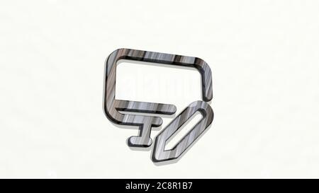 ÜBERWACHEN SIE DIE BEARBEITUNG aus einer Perspektive auf der Wand. Eine dicke Skulptur aus metallischen Materialien von 3D-Rendering. Illustration und Computer Stockfoto