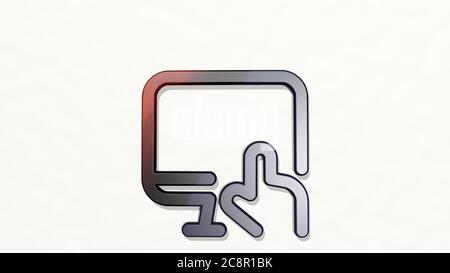 MONITOR TOUCH gemacht durch 3D-Illustration einer glänzenden Metallskulptur an einer Wand mit hellem Hintergrund. Computer und Business Stockfoto