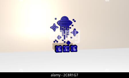 3D-Grafik-Bild von ufo vertikal zusammen mit Text von metallischen kubischen Buchstaben aus der oberen Perspektive gebaut, ausgezeichnet für das Konzept Präsentation und Diashows. Illustration und Alien Stockfoto