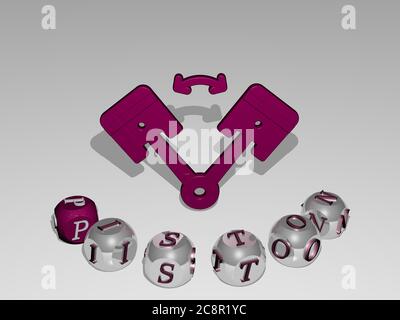 3D-Illustration von Kolben Grafiken und Text um das Symbol von metallischen Würfel Buchstaben für die damit verbundenen Bedeutungen des Konzepts und Präsentationen gemacht. Motor und Auto Stockfoto