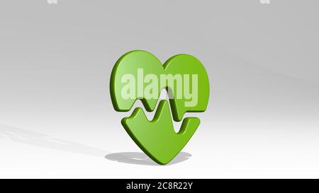 Überwachen Sie den Herzschlag aus einer Perspektive mit dem Schatten. Eine dicke Skulptur aus metallischen Materialien von 3D-Rendering. Illustration und Computer Stockfoto