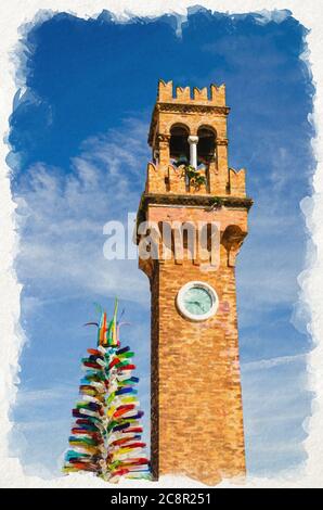 Aquarell Zeichnung der Spitze von Murano Uhrenturm Torre dell'Orologio und bunten weihnachtsbaum aus Murano-Glas auf Campo Santo Stefano Platz, Murano-Inseln, Region Venetien, Norditalien Stockfoto