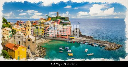 Aquarell Zeichnung von Vernazza Dorf mit typischen bunten bunten bunten Gebäuden Häuser und Yachthafen Hafen mit Booten, Ligurisches Meer, Nationalpark Cinque Terre, La Spezia, Ligurien, Italien Stockfoto