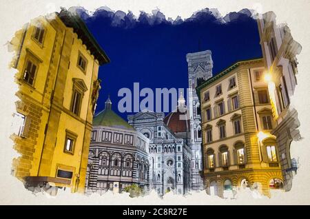 Aquarell Zeichnung von Florenz Duomo, Cattedrale di Santa Maria del Fiore, Basilika Santa Maria der Blume Kathedrale und Battistero di San Giovanni, bei Nacht, Toskana, Italien Stockfoto