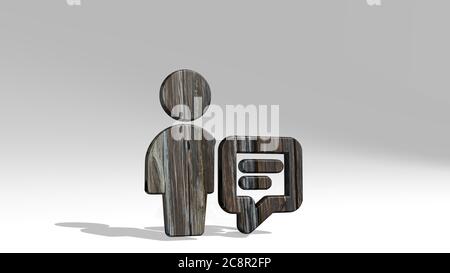 EINZELNE NEUTRALE AKTIONEN CHAT durch 3D-Illustration einer glänzenden metallischen Skulptur wirft Schatten auf hellen Hintergrund gemacht. Icon und isoliert Stockfoto