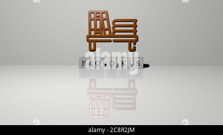 3D-Darstellung von Büchern mit Ikone an der Wand und Text angeordnet durch metallische kubische Buchstaben auf einem Spiegelboden für Konzept Bedeutung und Diashow-Präsentation. Hintergrund und Illustration Stockfoto