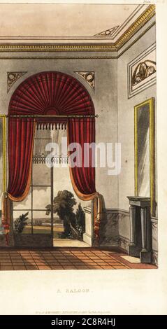 Ein Salon in einer Villa mit gewölbtem und gewölbtem Fenster, das auf eine Terrasse führt. Handkolorierter Kupferstich aus Rudolph Ackermanns Repository of Arts, Literature, Moden, Manufactures, etc., Strand, London, 1816. Stockfoto