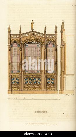 Ein gotischer Bücherkoffer. Es hat vier Strebepfeiler und Zinnen, flache Bögen, eine Figur der Meditation auf der Oberseite und buntes Glas in den Fenstern. Handkolorierter Kupferstich nach einem Entwurf von Augustus Charles Pugin aus Rudolph Ackermanns Repository of Arts, Literature, Modes, Manufactures, etc., Strand, London, 1825. Stockfoto