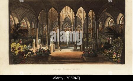 Gotischer Wintergarten, Regency-Ära. Ein Soldat in Uniform und eine Dame gehen in einem außergewöhnlichen botanischen Garten mit einem Kreis von hoch gewölbten Säulen um einen zentralen Brunnen und Teich, umgeben von Buntglasfenster und Vorhängen. Die gotische Wiederbelebung in der englischen Architektur dauerte von der Mitte des 18. Jahrhunderts bis zur viktorianischen Ära. Handkolorierter Kupferstich aus Rudolph Ackermanns Repository of Arts, Literature, Moden, Manufactures, etc., Strand, London, 1813. Stockfoto