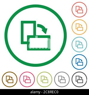 Satz von Element rechts drehen, runde umrissene flache Symbole auf weißem Hintergrund Stock Vektor