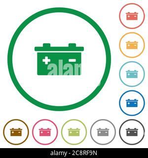 Satz von Akkumulator Farbe rund umrissenen flachen Symbolen auf weißem Hintergrund Stock Vektor