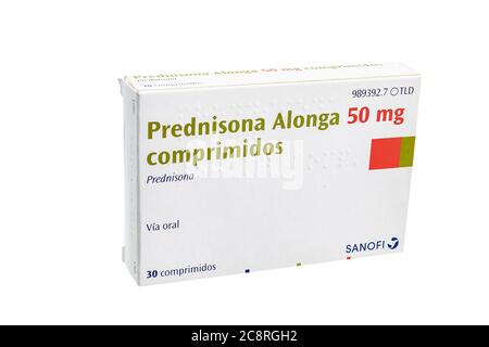 Huelva, Spanien - 23. Juli 2020: Prednison Marke Alonga aus Sanofi Labor. Corticosteroidpräparate, einschließlich Cortison, Hydrocortison und Prednison Stockfoto