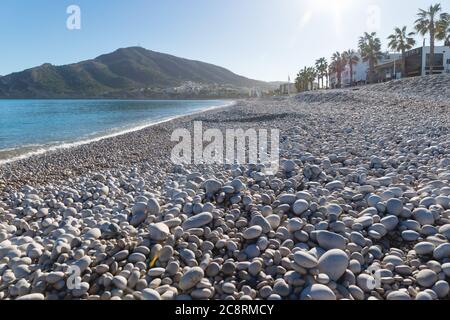 Steinstrand von Albir mit Blick auf die Promenade mit Palmen und Berg ausgerichtet, Costa Blanca, Spanien Stockfoto