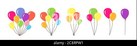 Bündel von Ballons gesetzt. Bunte Bündel und Gruppen Helium Ballons. Geburtstag Party Design Cartoon flache Kollektion. Urlaub Überraschung Geschenk rund Ballon. Isolierte Vektordarstellung Stock Vektor