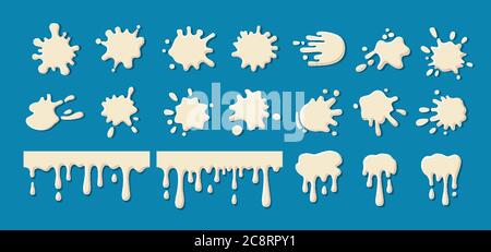 Milk Drip spritzt BLOB Set. Weiße Joghurt, Creme aktuelle Splatter Kollektion. Dekorative Formen Flüssigkeiten. Fleck Form Sammlung, Tropfen Cartoon flache Spritzer. Isolierte Vektordarstellung Stock Vektor