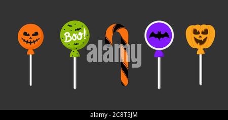Halloween-Süßigkeiten. Süße Süßigkeiten, gruselige Fledermaus Lollipop und Kinder Süßigkeiten Lakritz Butterscotch, Gelee, oktober Trick or Treat Unterhaltung. Vektor Stock Vektor