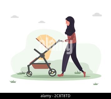 Junge arabische Frau, die mit ihrem neugeborenen Kind im Kinderwagen unterwegs ist. Mädchen auf einem Spaziergang mit einem Kinderwagen und einem Baby in der Natur in der freien Luft. Vektorgrafiken Stock Vektor